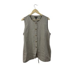 Eileen Fisher Large Organic Linen Button Up Vest  Tank Top Brown Tie Back Womens